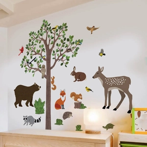 Cartoon Forest Tree Animal Wall Stickers For Kids Room Bedroom Nursery PVC Self Adhesive Botanical Home Art Decor Mural