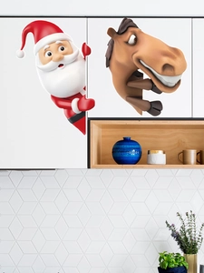 Detail of 3D cartoon Santa and horse PVC wall decals peeking over a white cabinet surface