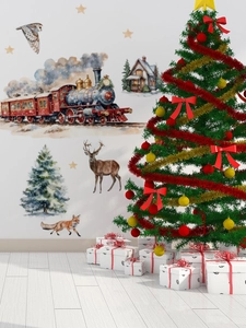 Stickers muraux train de Noël et animaux de la forêt style aquarelle en scène festive