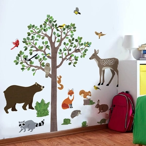 Forest tree and cartoon animal wall stickers set for kids room and nursery decor