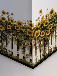 Détail de stickers muraux tournesols et clôture blanche posés sur un coin de mur