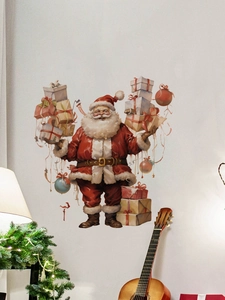 Detailed Santa Claus wall sticker with gift boxes in a cozy Christmas living room