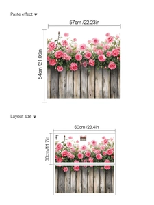 Dimensions et mise en page du sticker mural roses roses et clôture blanche en PVC adhésif