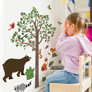 Forest animals wall decals with a large tree for nursery and kids bedroom wall decor
