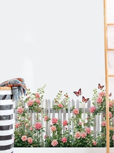 Detail view of pink rose flowers and white wooden fence self-adhesive wall stickers