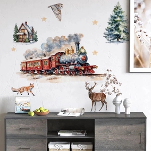 Sticker Mural Noël Train et Renne Aquarelle Animaux de la Forêt Cabane de Neige PVC Imperméable Décalcomanie pour Décoration Maison