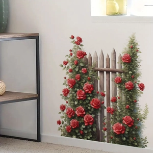 Garden fence red rose flower wall stickers for home decoration in self-adhesive PVC