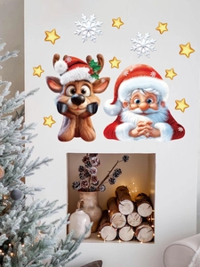 Detailed Santa Claus and reindeer wall stickers applied on a white wall above a fireplace