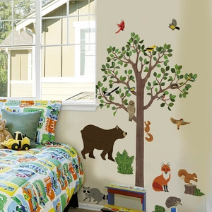 Forest animals wall stickers with cartoon tree and bear for kids room home decor