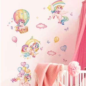 Cartoon Unicorn Rainbow Hot Air Balloon Wall Stickers For Kids Room Decor Waterproof PVC Self Adhesive Nursery Mural