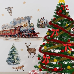 Stickers muraux de Noël avec train rétro, rennes et maison sous la neige sur mur