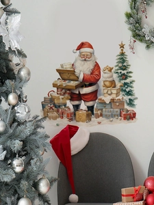 Detail der Weihnachts-Wandaufkleber mit Weihnachtsmann und Corgi auf weißer Wohnzimmerwand