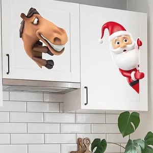 3D Cartoon Christmas Wall Sticker Peeking Santa Claus And Horse Waterproof PVC Decals For Bedroom Living Room Festive Home Decor