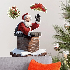 Festive Santa waving from chimney wall stickers with mistletoe and holiday decor
