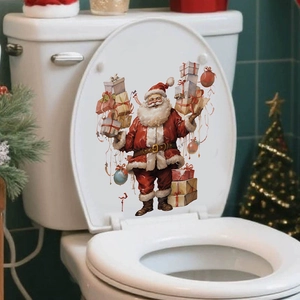 Festive Santa Claus toilet seat sticker holding a gift box for Christmas bathroom decor