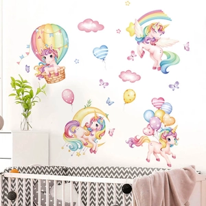 Unicorn and hot air balloon wall decals for kids bedroom nursery home decor