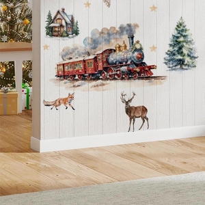 Stickers muraux train de Noël et élan avec forêt aquarelle pour décoration de fête maison