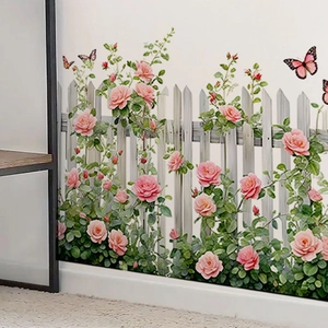 Pink Rose Flower White Fence Wall Sticker Pastoral PVC Self Adhesive Butterfly Wall Decal For Living Room Bedroom Home Decor