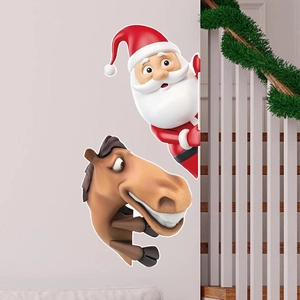 3D Christmas Santa Claus and brown horse wall stickers for festive living room decoration