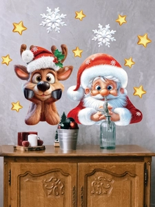 Detail view of Santa Claus and reindeer wall stickers on a festive interior background