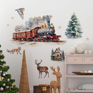 Stickers muraux de Noël avec train rouge et animaux pour une décoration festive
