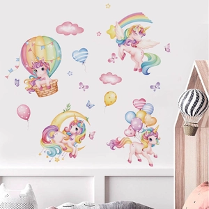 Unicorn and hot air balloon wall decals for children's bedroom decor, watercolor style