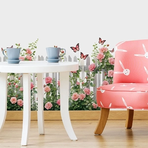 Pink floral fence wall stickers with butterflies for cozy living room home decor