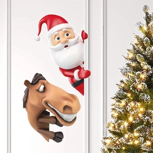 Christmas wall decal featuring Santa Claus and a cartoon horse peeking from a door frame