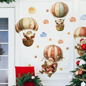 Stickers Muraux de Noël Père Noël en Montgolfière Aquarelle PVC Amovible Papier Peint Festif pour Décoration Salon Chambre d'Enfant