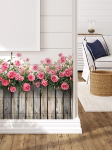Stickers muraux détaillés avec roses roses et clôture en bois dans un salon contemporain