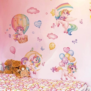 Unicorn hot air balloon wall stickers set for kids bedroom with macaron rainbow colors