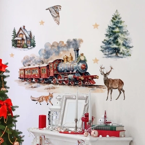 Stickers muraux train de Noël et animaux de la forêt avec renne pour décor de fête