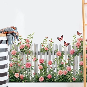 Pink rose flower garden wall sticker with white fence and butterflies for home decoration
