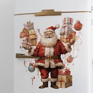 Christmas Santa Claus refrigerator wall decal holding gifts on a white fridge door