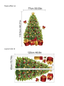 Size guide for self-adhesive PVC Christmas tree wall decals showing layout and paste dimensions