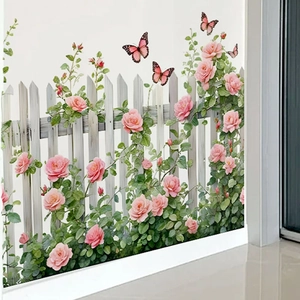 Pink floral fence wall stickers with green vines and butterflies for home wall decoration