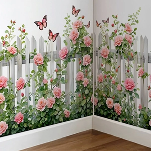 Pink floral fence wall sticker with butterflies for home living room decoration