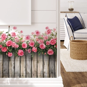 Sticker Mural Rose Rose Clôture en Bois Pastoral PVC Auto-Adhésif Décoration Maison Pour Salon Chambre à Coucher Cuisine