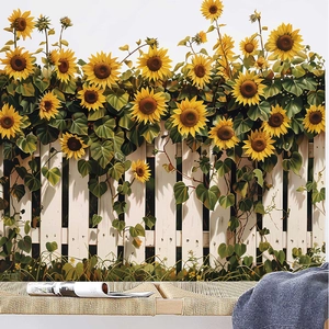 Sticker mural tournesol et clôture blanche pour la décoration intérieure rustique