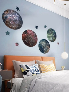 Detail view of galaxy themed wall stickers with geometric lines on a blue bedroom wall