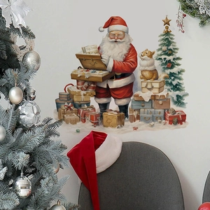 Festlicher Weihnachtsmann Wandsticker mit Geschenken und Welpen auf weißer Wand