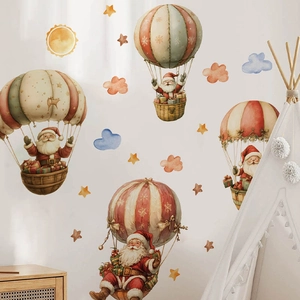 Stickers muraux Père Noël en montgolfière peints à la main pour chambre d'enfant