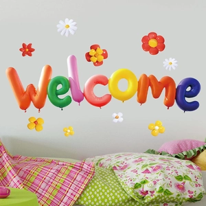 3D rainbow balloon style Welcome wall stickers with colorful flower decals for home decor