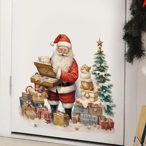 Vintage Weihnachtsmann Wandsticker mit Tannenbaum und Geschenkboxen an weißer Tür