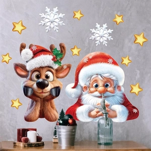 Christmas wall stickers featuring Santa, reindeer, and golden stars for home holiday decor