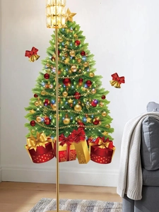 Detail of PVC Christmas tree wall stickers with ornaments on a white living room wall