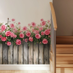 Sticker mural roses roses et clôture en bois, décor autocollant en PVC pour votre maison