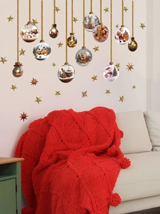 Detail view of festive PVC Christmas wall stickers featuring winter balls and golden stars