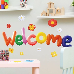 3D rainbow balloon Welcome wall stickers with flowers for colorful kids room decor