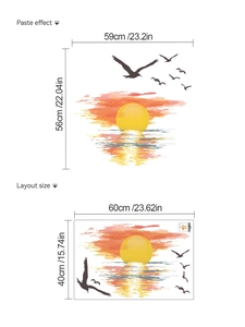 Installation guide showing paste effect and layout dimensions for sunset bird wall sticker